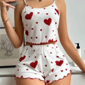 2PCS Satin Love Print Pajama Set