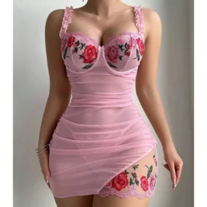 Embroidered Flower Mesh Two-Piece Night Dress